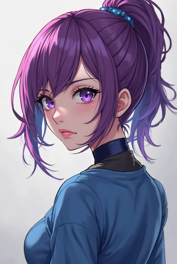 Freefire anime girl,half-purple tied hair,neckline with them very dark blue,white mascara,blue shirt with a,  looking back