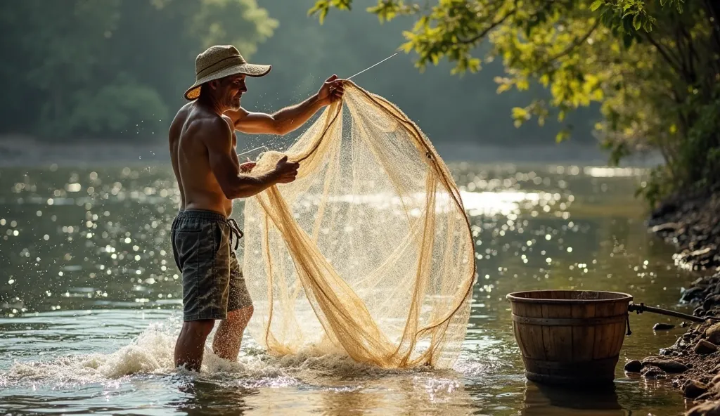 The fisherman stands near the shimmering river, his muscles tensed as he skillfully throws a large, well-worn fishing net into the water. The net spreads wide in the air before touching the surface, creating a rippling effect. His straw hat is slightly til...