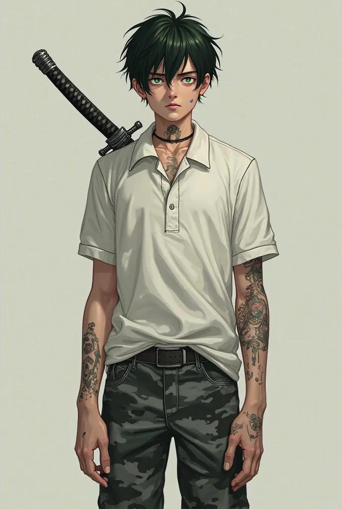  he is 19 years old, short black stripped hair style, White green eyes in the shade of an emerald, wears a white polo shirt and has several scars on his body with a huge one standing out in the middle of his chest, wears a camouflaged cause of the army in ...