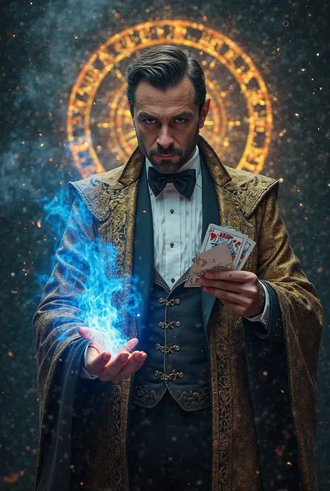 From Trick to True Magic

"A magician holds a deck of cards of cards that start to glow in your hands. As he tosses the cards in the air, they turn into blue flames and merge into an arcane staff. His tuxedo disappears, revealing a golden robe with mystica...