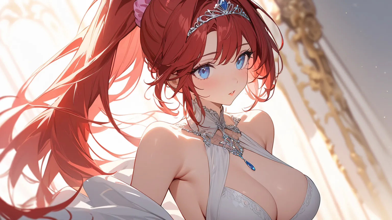 one girl，Big Breasts,  red hair ，ponytail， pink scrunchie，white shirt， background pure white, blue eyes、tiara