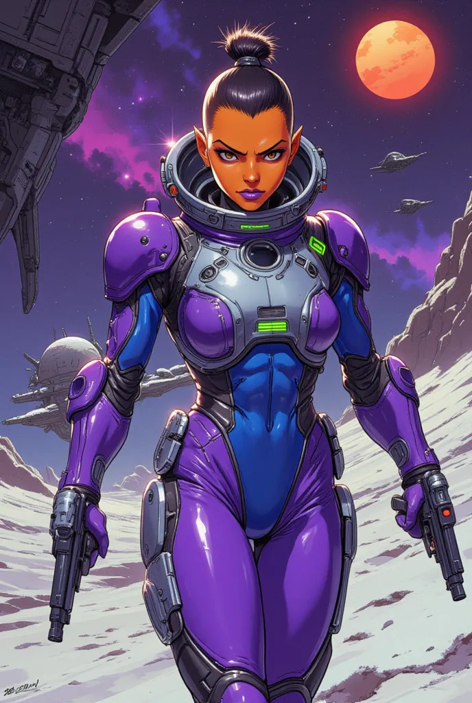 illustrate a female alien with a shaved head and a black top knot, she has orange skin and purple lips, pointed ears. She wears a saturated violet and saturated blue space suit with silver trim, with blue down the middle and violet up the sides. The suit h...