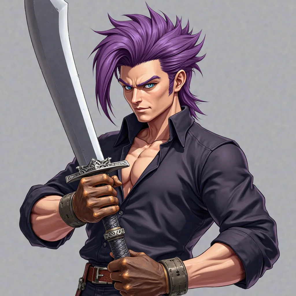 a man with purple hair holding a sword, david bowie in super smash bros, character from king of fighters, android 18, tom cruise as kenshiro, photorealistic human goku, jetstream sam from metal gear, vergil, albert wesker full body portrait, goku as an asi...