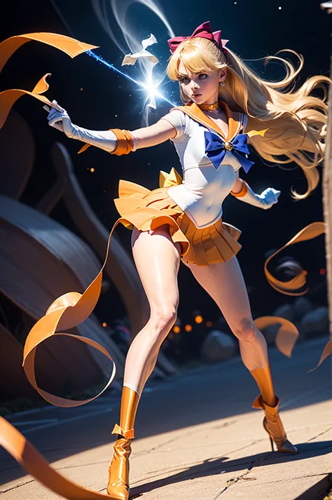 masterpiece, best quality, High Resolution, , （(superheroine fighting enemies))enemies are attacking、Sailor Venus fights fiercely against attacking enemies、 sailor warrior uniform, sailor Venus, blond hair, half up long hair、Magical Girl, (blue eyes:0.8), ...