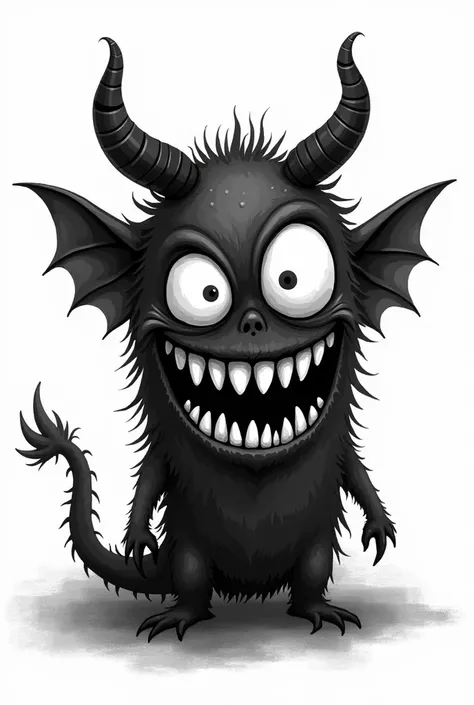 Generate a scary monster, only on a white background,  with horns, with a big smile so that the monster is as black as possible and without glare, without drawing fabrics/muscles, without clothes, that it was as if painted with a black pen, so that the mon...