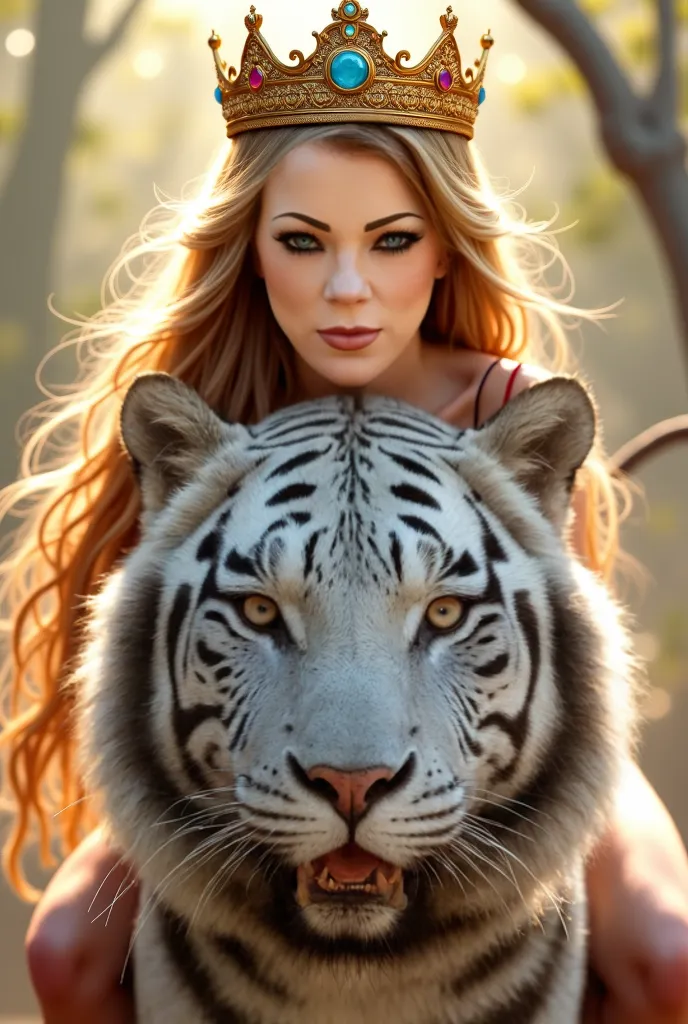 The girl in the crown, riding a white tiger, with a crown , detailed realistic digital painting,  fantasy scene , bright background , perfect lighting, long hair,  piercing look ,, Crown with precious stones, detailed textures, high detail, photorealistic ...