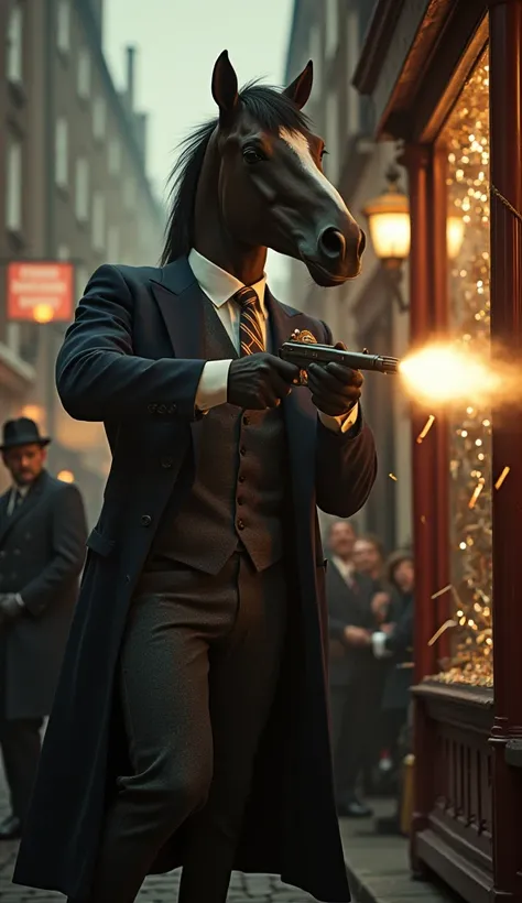 "A tall, human-like Arabian Horse, towering over humans, dressed in a luxurious 1920s British gangster suit, including a dark overcoat, a fitted vest, a striped tie, and a newsboy cap. The Arabian Horse has a fierce and confident expression, exuding power ...