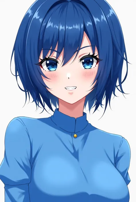 Freefire anime girl with blue hair,with dark blue eyes, with a white mark on the mouth,with blue shirt With a large neckline