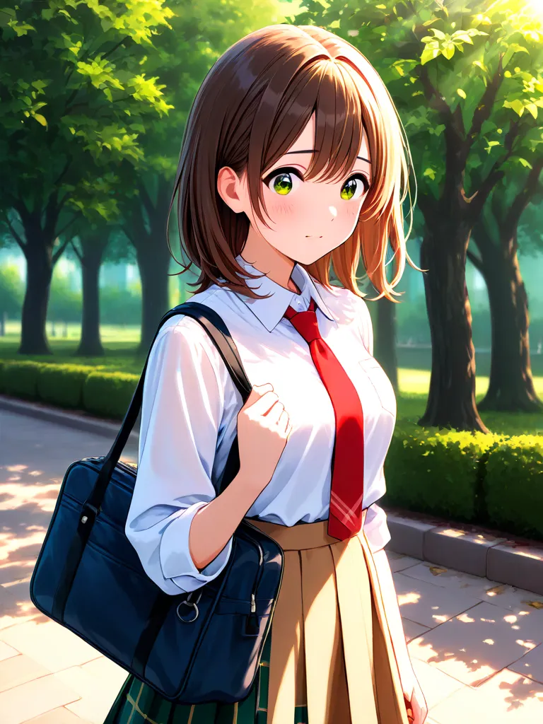 Female junior high school student with a red tie in a blouse and a bag standing in a park with a worried face