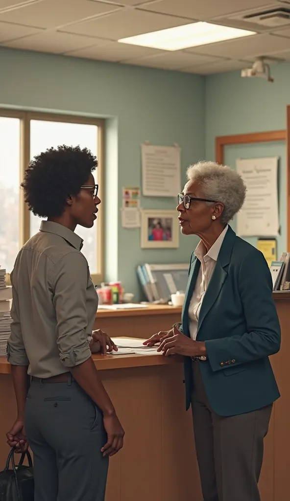 A teacher arriving at the counter of a school talking to the principal who looks like an elderly black woman