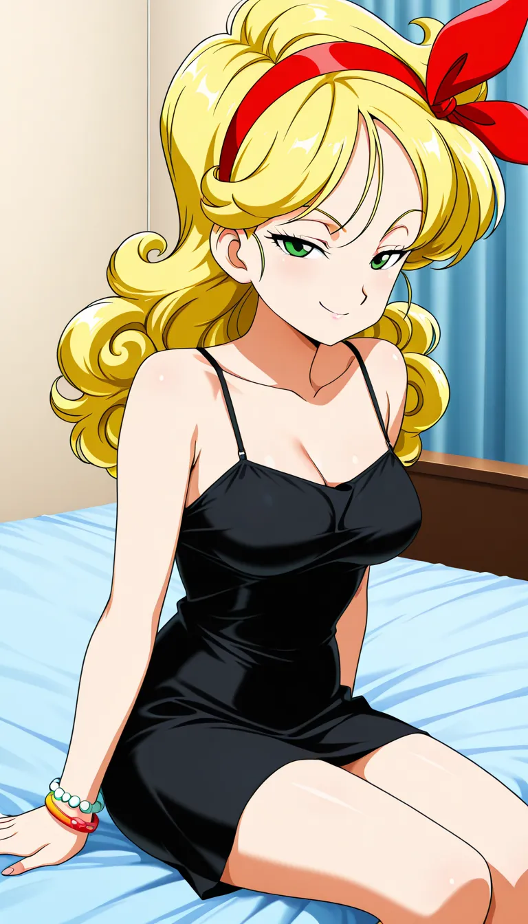 anime screencap, absurdres, high quality, official style, official style, 1girl, solo, launch bad, blonde hair, long hair, curly hair, green eyes, collarbone, bare shoulders, smile, half eyes closed, sexy eyes, red ribbon, red hairband, indoors, looking at...