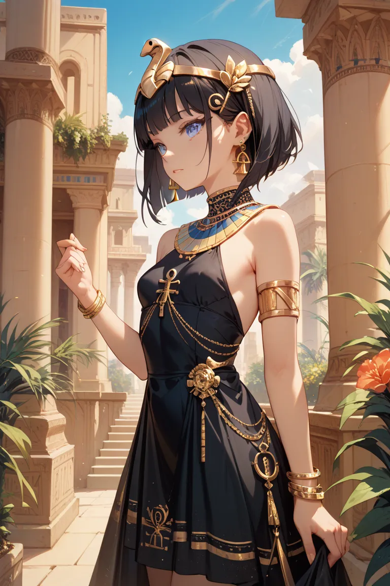  1girl , dark hair,  girl,small breasts, gold hair ornament ,  gold earrings, solo,  gold bracelet, black dress,  Egypt, blue eyes, Outdoors,viewers,masterpiece, highest quality, very aesthetic, Ultra High Resolution    