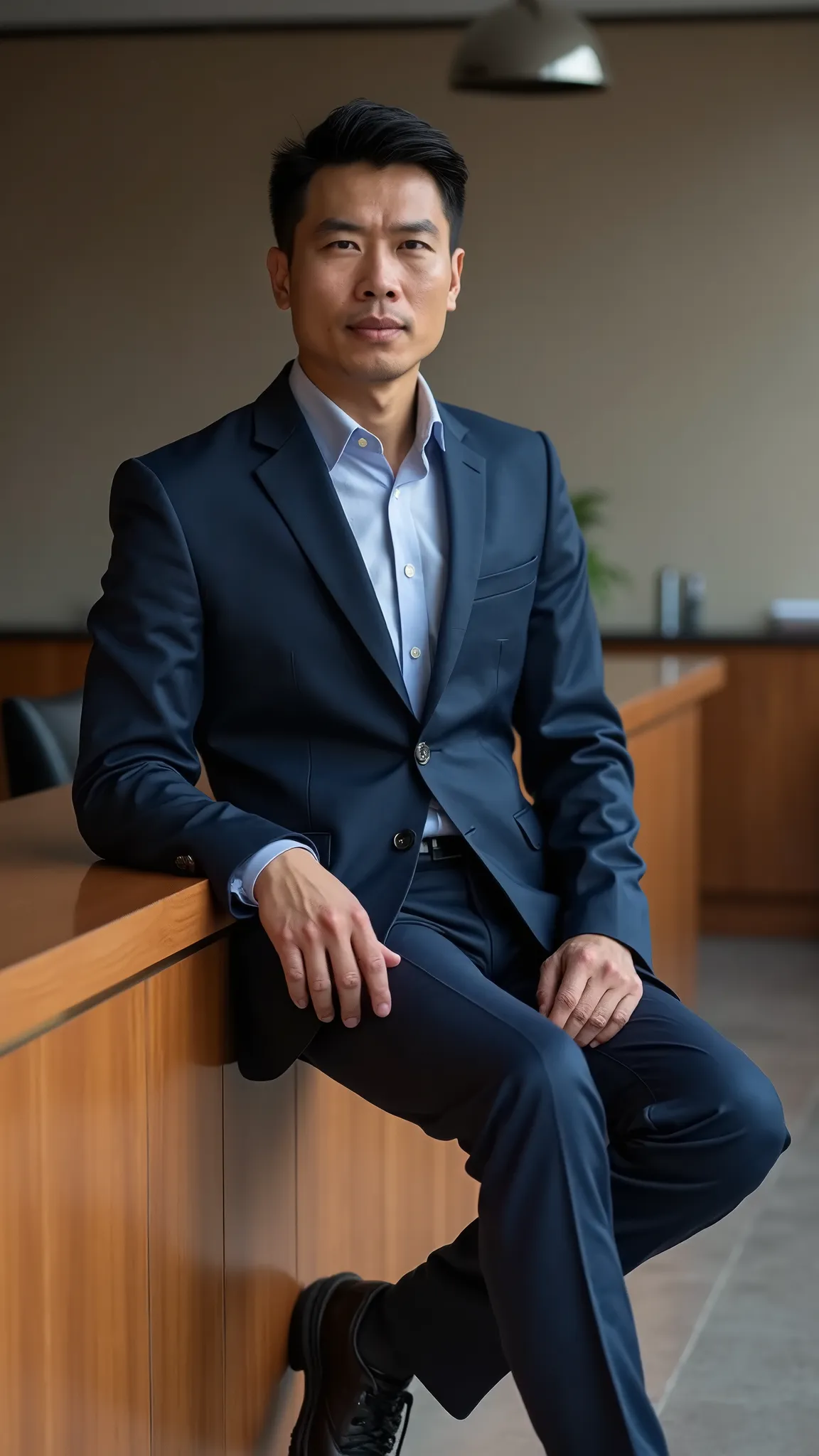 Sitting at the corner of the table in professional photo style in a navy blue suit 