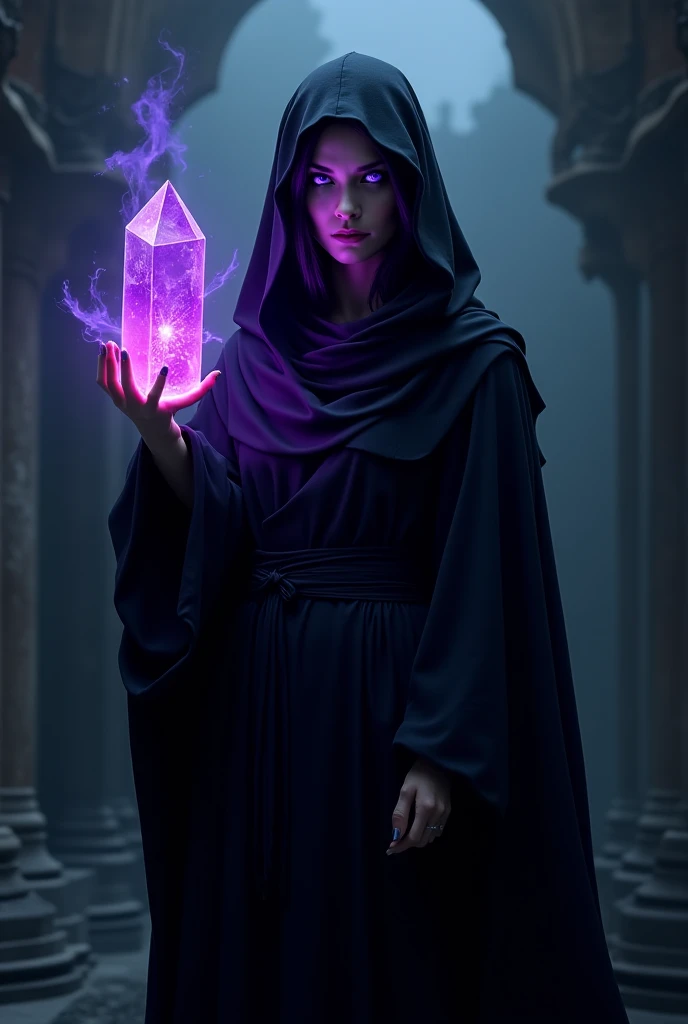 Front woman with a dark robe and bright violet eyes holding a cracked violet crystal that shines weakly 