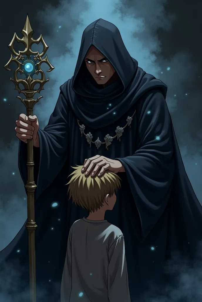 Create a black hooded wizard with a scepter in his hand and the other hand on a boy's head facing each other anime