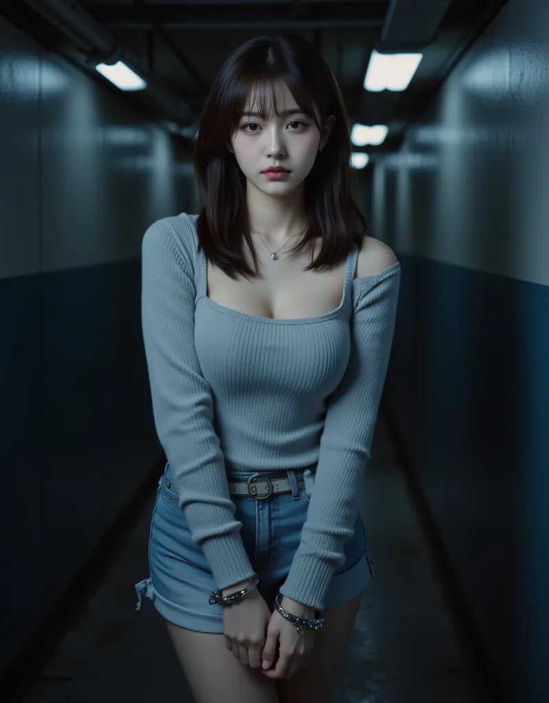 (Super Cute Busty Korean Female Prisoner Stands While Handcuffed and Stares at the Camera with Regret:1.2)(smile:1.1)(anger:1.2)(16k,  RAW photos , highest quality, masterpiece: 1.2),( Cute Bob Cut with Glossy Brown Hair ) Super Detail, super resolution, (...