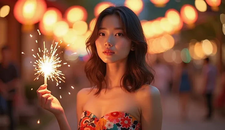 A picture of a Thai-Korean girl with a calm expression., Standing outdoors with a blurred bokeh background of warm colored lights.. She's been around for a long time., Wavy brown hair that slowly falls on her shoulders. This woman is wearing a brightly col...