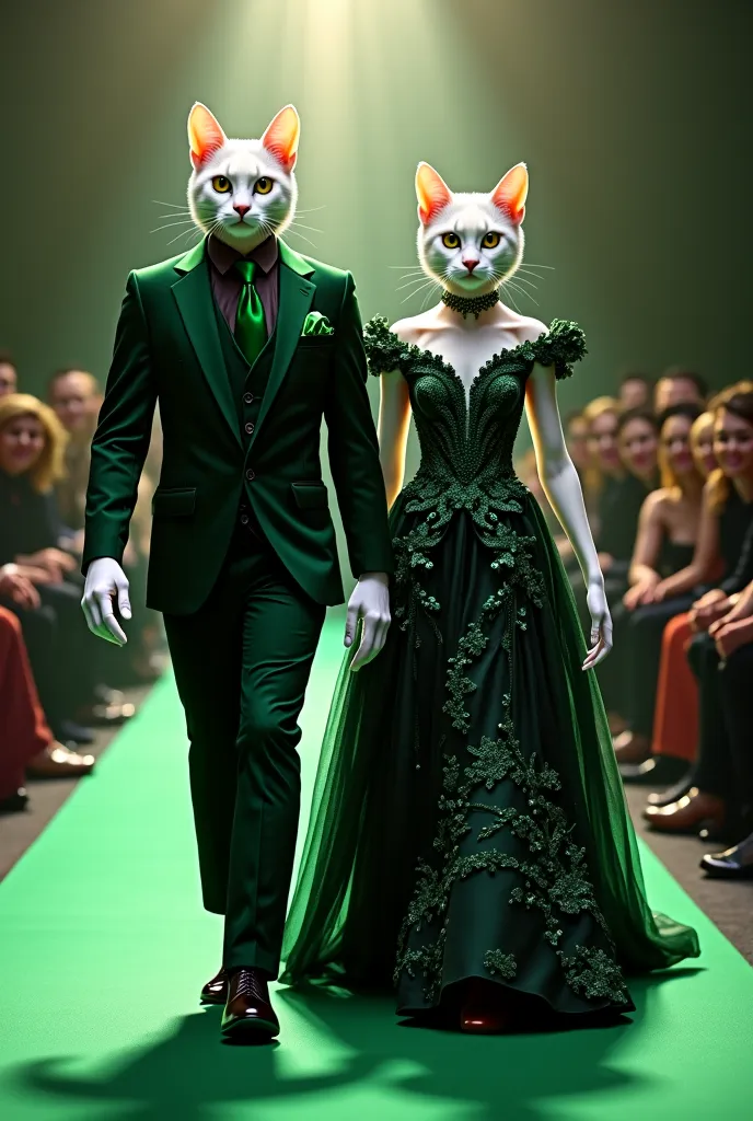 A majestic anthropomorphic white cat couple walks down a glamorous fashion runway, dressed in stunning emerald green and black outfits. The male cat wears a perfectly tailored emerald green suit with a sleek black shirt, a green satin tie, and a matching p...