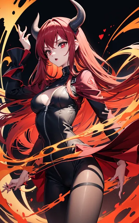 Cute demon girl with medium breasts long red hair and red eyes pupils like a vertical line of black pale skin demon ears small black leathers black bodysuit