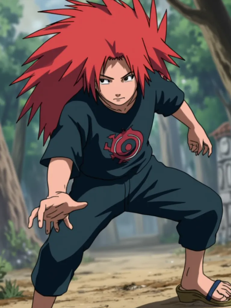 a 19 year old uzumaki male with red hair in ninja clothes