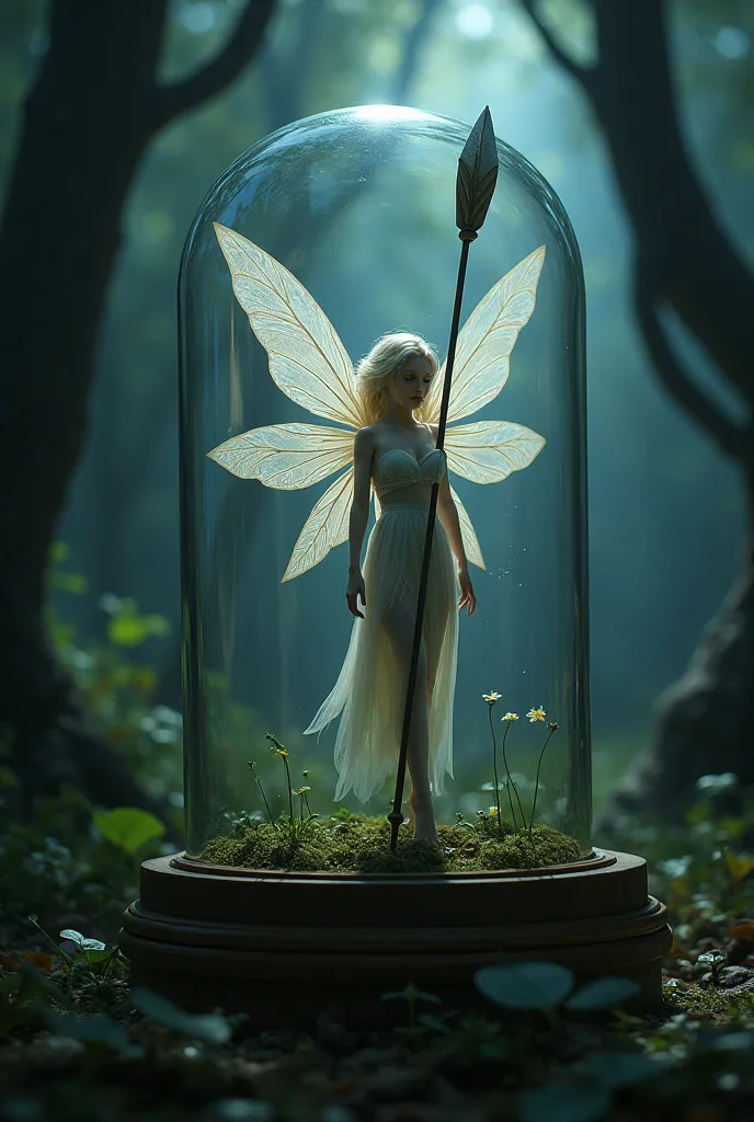 Make a bright fairy with an arrow pierced through the chest. The fairy is trapped in a jar and can be seen to be in the dark forest
