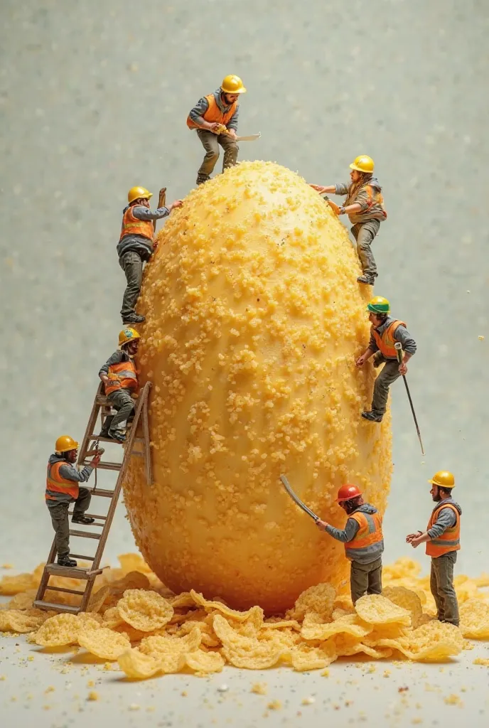 Create an image of a potato chip body with several small workers in a very realistic scenario, some climbing stairs, others cutting others, skiing, others pouring oil on the potato, another giving order.