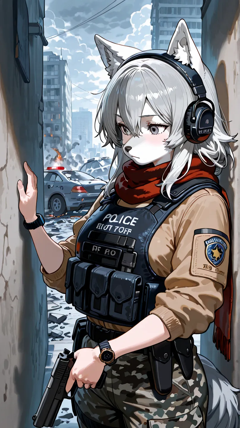 (furry:1.0), A gray wolf girl whose cheeks are covered with fluffy fur and adorable round eyes is leaning against the wall with a mysterious look on her face. She is wearing sooty, tattered black camouflage clothing with a stole around her neck, military h...