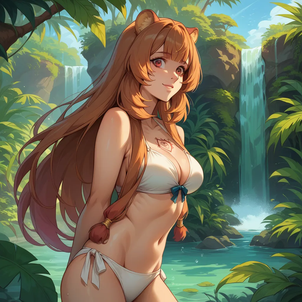 Raphtalia stands in front of a majestic tropical waterfall, surrounded by a lush jungle with vibrant vegetation. She wears a white bikini with sky blue details, in a lightweight style with ribbons on the sides.  The water falls hard behind her , generating...