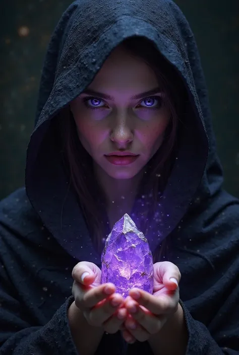 Front and close woman with a dark robe and bright violet eyes holding a fragment of cracked violet crystal that shines weakly 