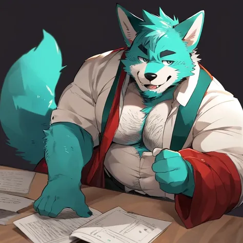 fox, furry, turquoise fur, handsome, very muscular, very big, extremely hot and sexy, beard, hair, chest hair, charming eyes, solo, male, happy expression, daddy, full body, big body, clothes, middle aged, by hyaku, by darkgem, by glitter trap boy