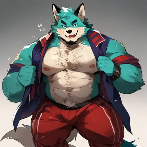 fox, furry, turquoise fur, handsome, very muscular, very big, extremely hot and sexy, beard, hair, chest hair, charming eyes, solo, male, happy expression, daddy, full body, big body, clothes, middle aged, by hyaku, by darkgem, by glitter trap boy