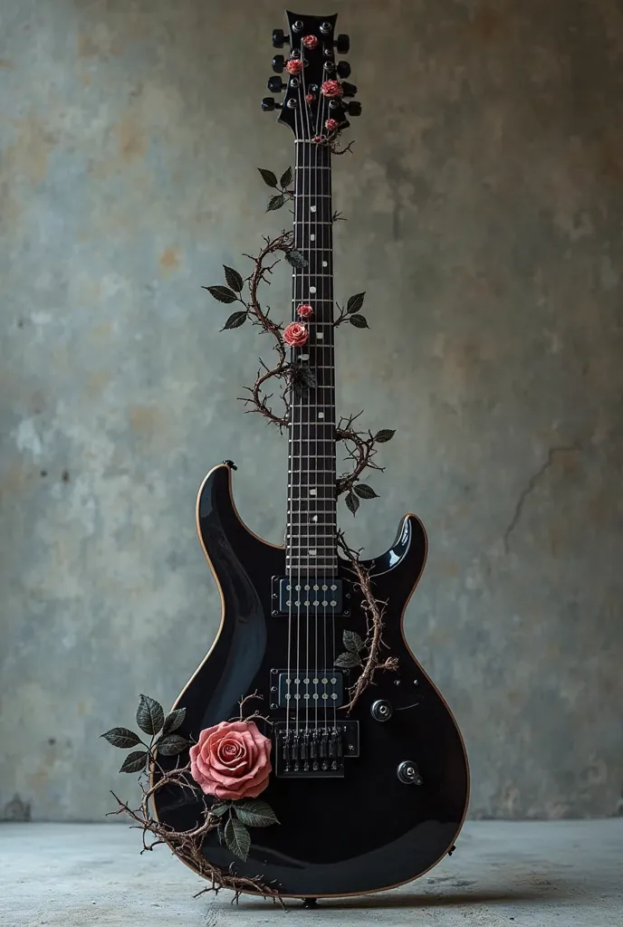 A black 8-string guitar with a rose stem design with thorns in the neck