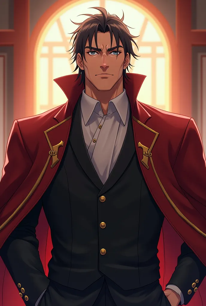 the man in his 40s looking might, firece yet polite noble with dark hair anime who is a father character 