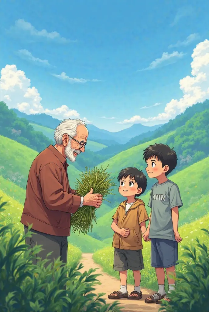 Two young boy talking to their grandpa holding crops, anime