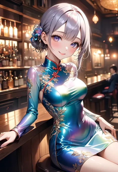 (Cowboy Shot), ((wearing iridescent gradient sleeved cheongsam features intricate and luxurious embroidery, shiny satin fabric, accessories, superlative body proportion, gorgeous and gorgeous effects)), Shiny Costumes, (skindentation), break, skinny, alone...