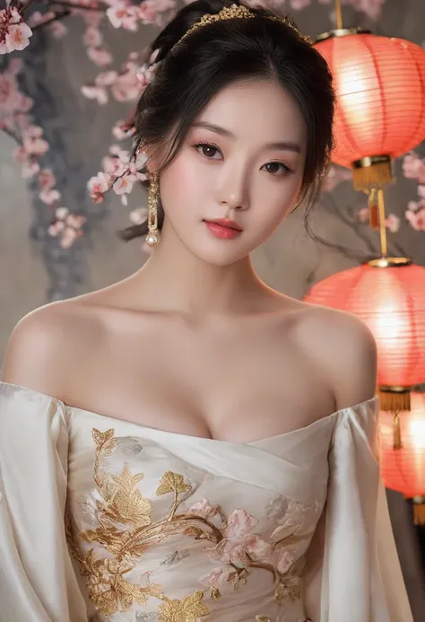 A breathtakingly beautiful Chinese woman inspired by Diao Chan from Romance of the Three Kingdoms. She stands gracefully, exuding an irresistible charm with her deep, mesmerizing almond-shaped eyes and full, rosy lips slightly parted. Her flawless porcelai...