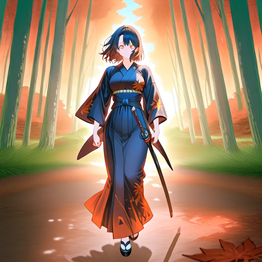 A fierce yet composed 22-year-old female samurai stands in an open field near the edge of a dense Japanese forest, her presence exuding both grace and strength. She wears a traditional ronin kimono, colored cyan blue with white accents, its fabric flowing ...