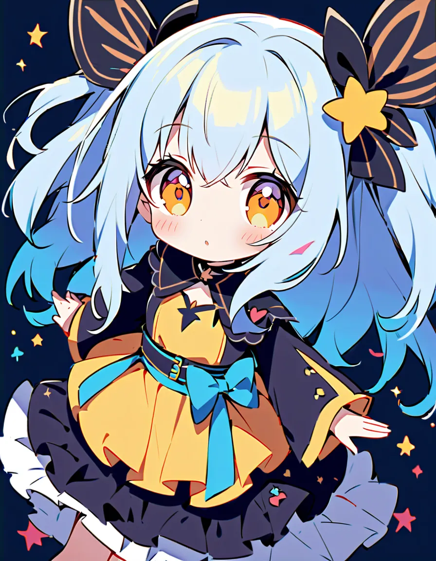   1 girl，，Blink，    world's cutest girl   ，Milk White and Blue Hair Color、 long hair、Wear a colorful and cute gothic kimono costume   ,  Star Fairy ,Wear a colorful and cute gothic kimono costume    with little fairy feathers growing from above your waist ...