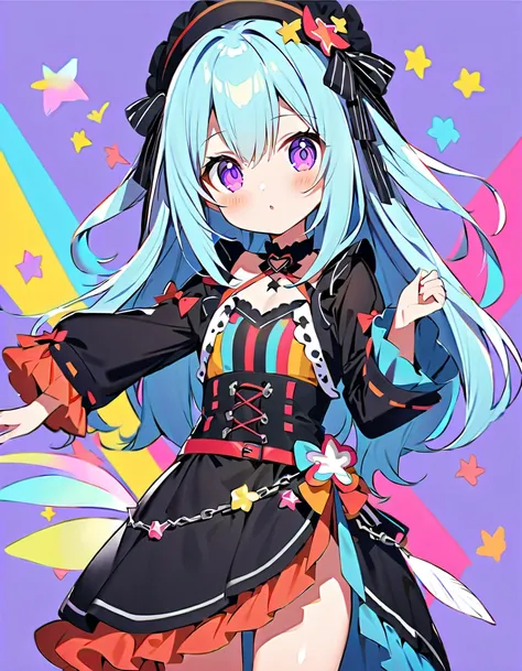   1 girl，，Blink，    world's cutest girl   ，Milk White and Blue Hair Color、 long hair、Wear a colorful and cute gothic kimono costume   ,  Star Fairy ,Wear a colorful and cute gothic kimono costume    with little fairy feathers growing from above your waist ...