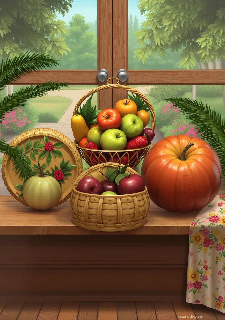 a fruit basket , on a wooden table, in front of a window with a view of the yard, backyard with forest, flowery towel on the table, Inside the basket a brownish apple,  light brown