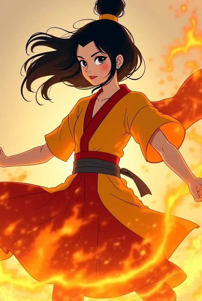 Avatar The Last Airbender art style: a woman with black hair and coal eyes and round facial features, dressed like a firebender, in a dynamic yet graceful pose, flowing with movement like an airbender in motion.