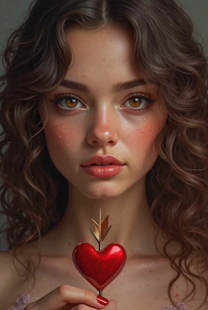 Cupido brown-eyed brunette woman 
with full long curly hair
 
With a heart arrow 

