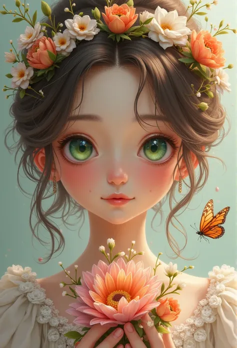 green eyes, marriageable, brown-haired, flowers clasp and cute butterfly are the most beautiful dessert