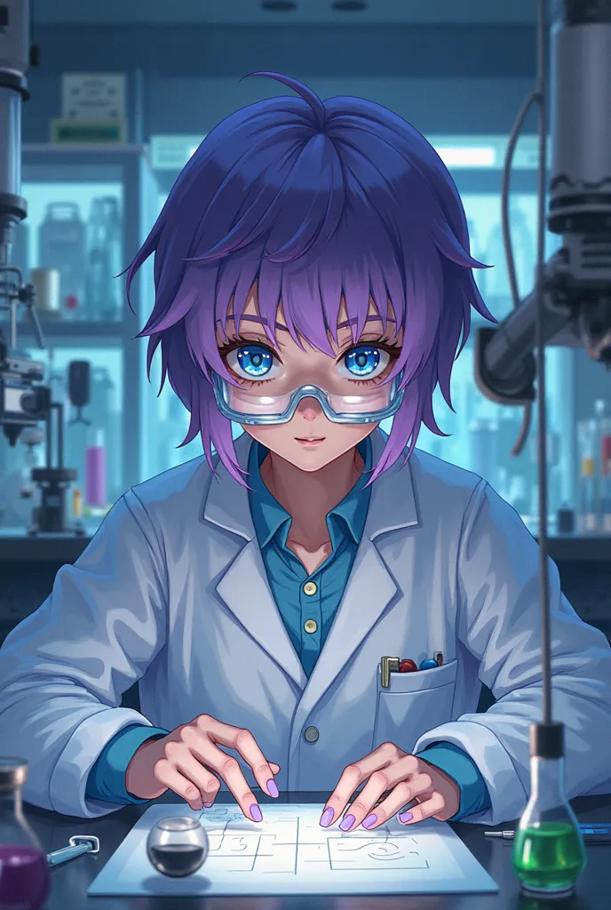   with short purple hair, blue eyes in a laboratory doing tests 