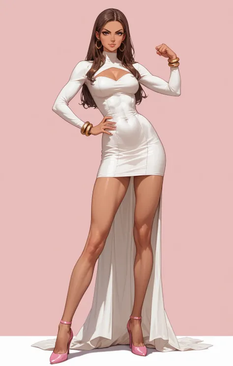 tan woman, tall, long brown hair, long sexy legs, extremely short and tight long-sleeve white dress, golden bangles, pink high heels, henchwoman, confident, slim, ready to fight