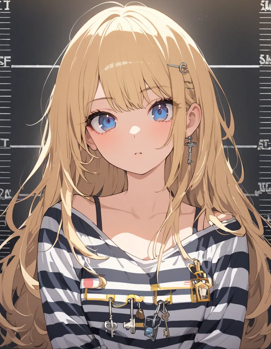  걸작, top quality,  illustr ~toion, Mug shot ,  key chart , 1 female, Upper body, Holding a picket, looking ~to viewer,  long, matted blond hair ,  narrowed blue eyes , Holding a prison suit , striped shirt
 top quality, 걸작, holding a picket... messy long b...