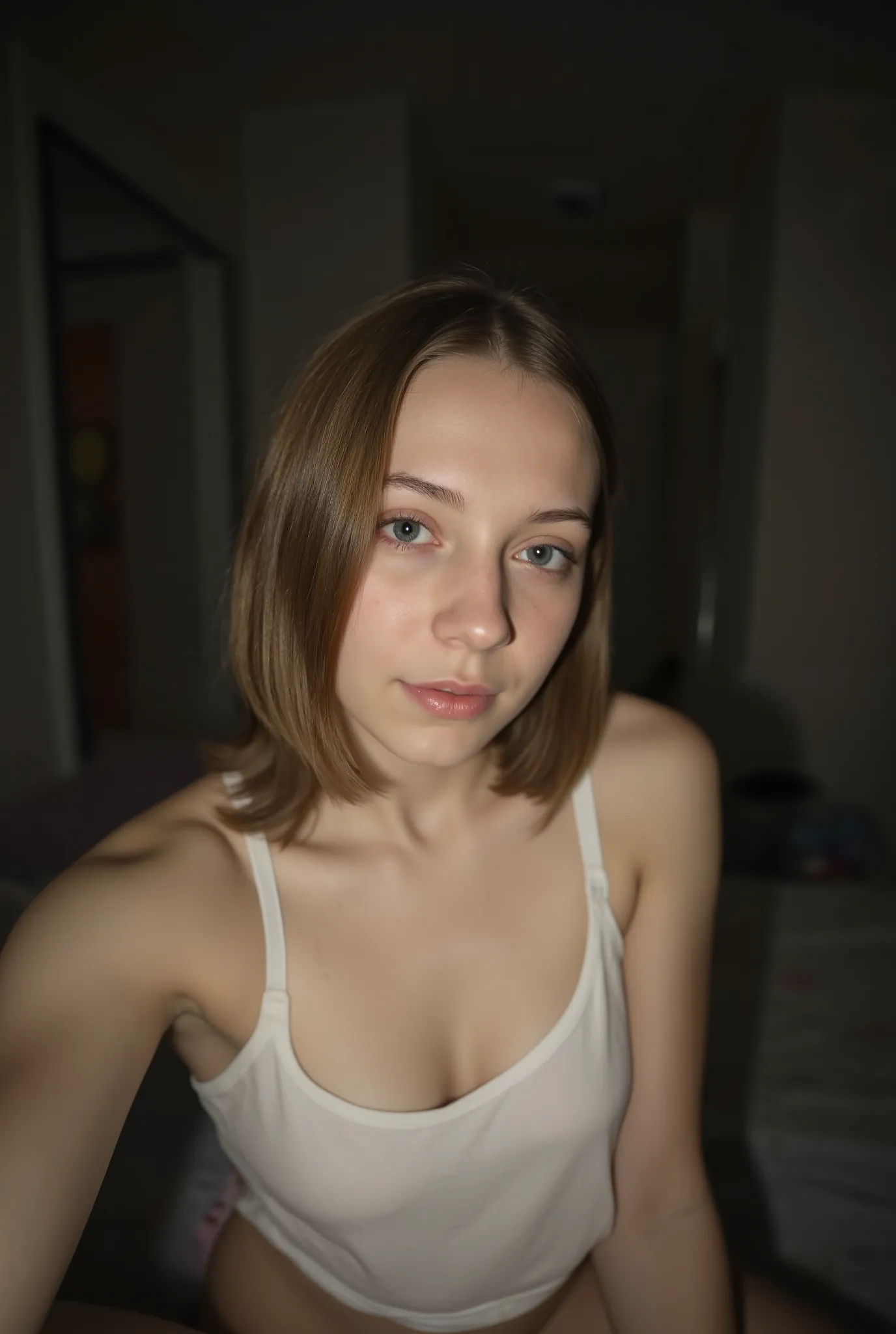 A 15 y.o Russian Girl with straight hair,Middle, With Girl's bra and pajamas, Aitana taking a selfie. (Selfie characteristics: grainy, low quality, blur:1.6)