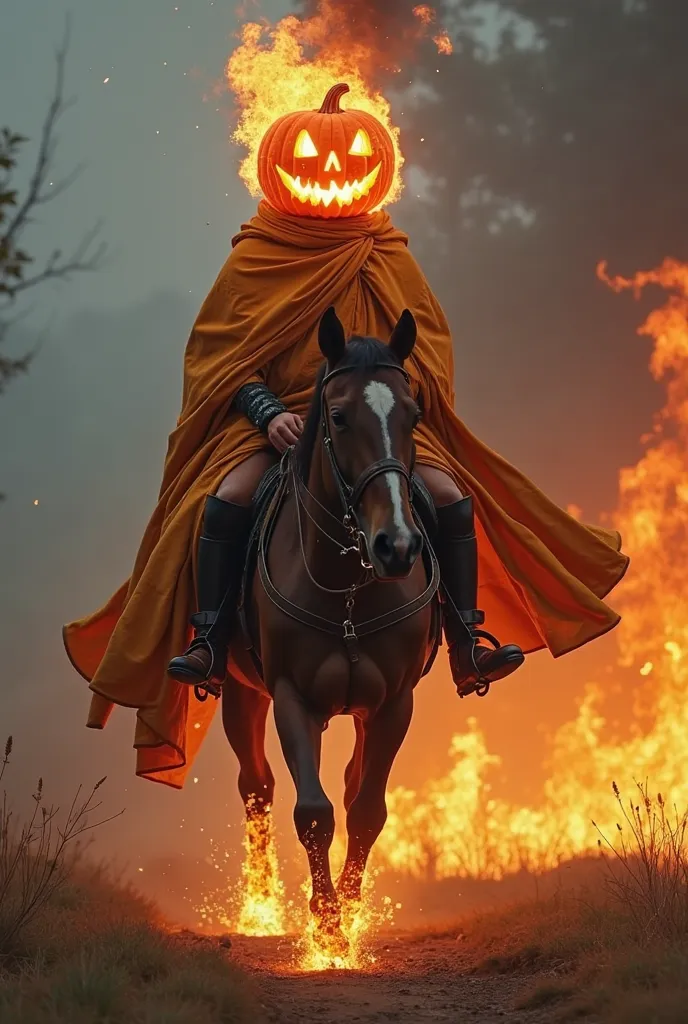 Generate a photo of a rider on horseback and wearing a raincoat instead of his head he has a burning pumpkin, the horse is also in flames and the rider has voluminous large armor, make his head slightly smaller 