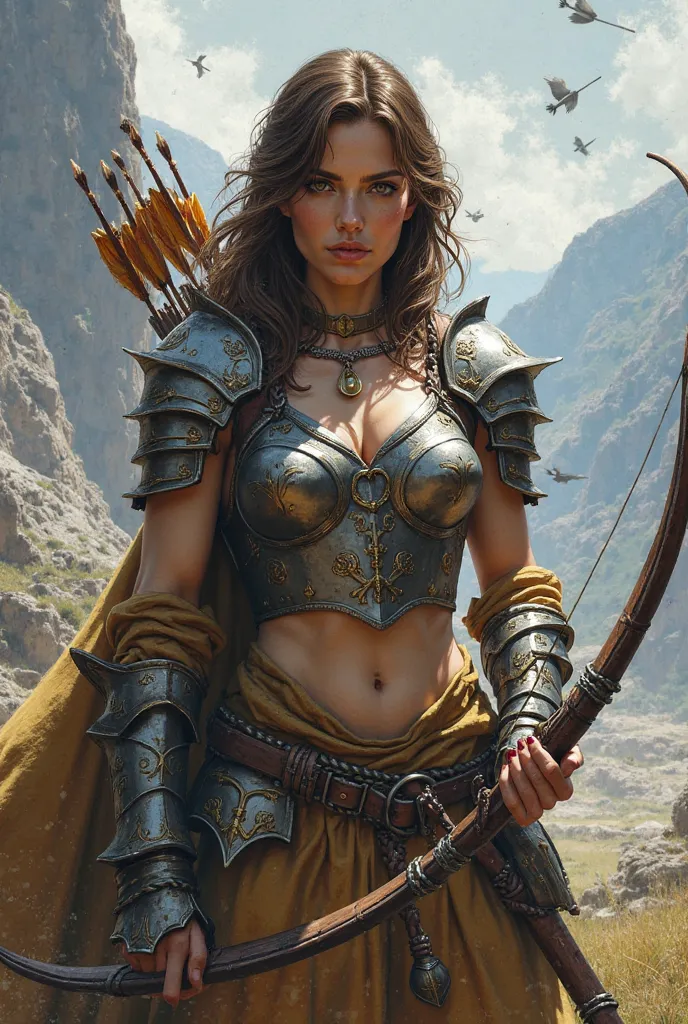 Half-naked well-built brown-haired woman wearing cropped knight armor and drawing bows and arrows