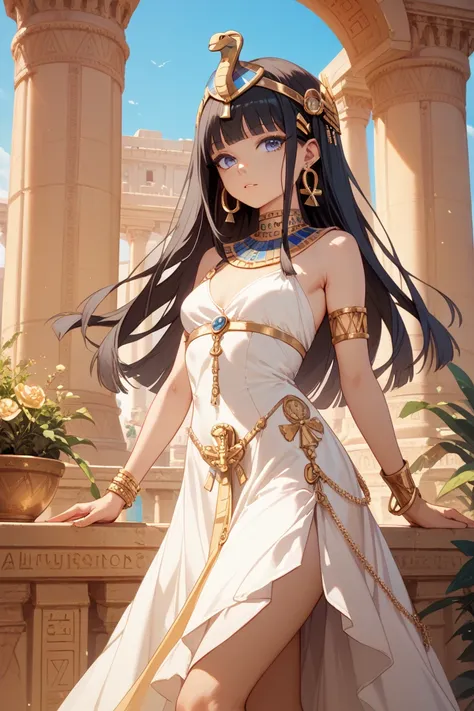  1girl , dark hair,  girl,small breasts, gold hair ornament ,  gold earrings, solo,  gold bracelet, white dress,  Egypt, blue eyes, Outdoors,viewers,masterpiece, highest quality, very aesthetic, Ultra High Resolution    